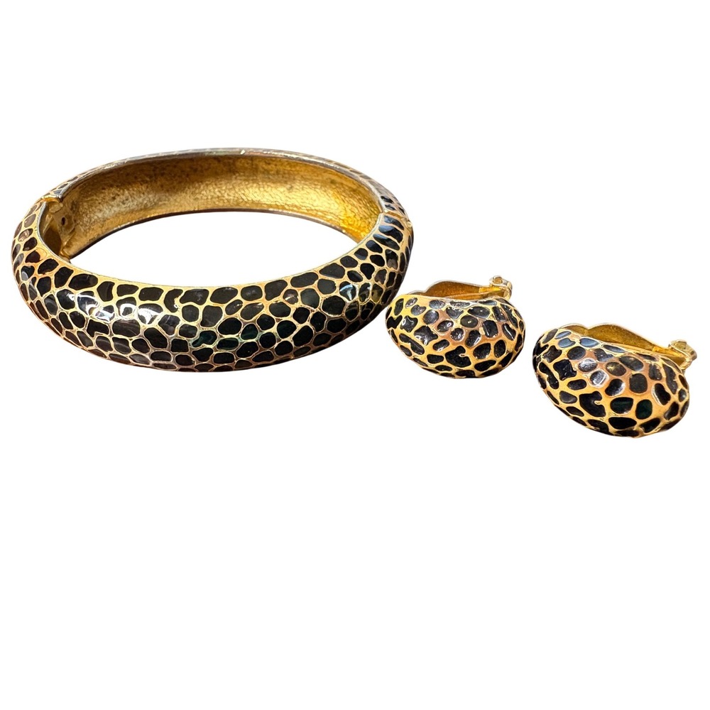 Kenneth Jay Lane Vintage Black Gold Animal Print Bangle & Clip Earrings Set - Picture 2 of 7